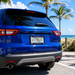 Rear view of a blue SUV parked outdoors near a beach, with palm trees, ocean, and sky visible. The vehicle has a Florida license plate with Gators branding.