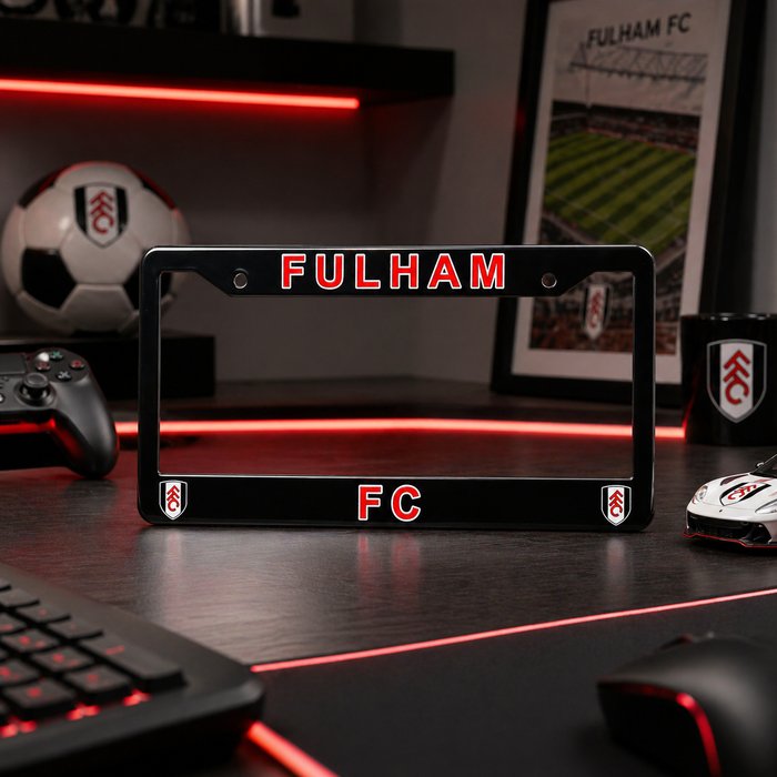 Fulham FC license plate frame on a desk with sports-themed decor
