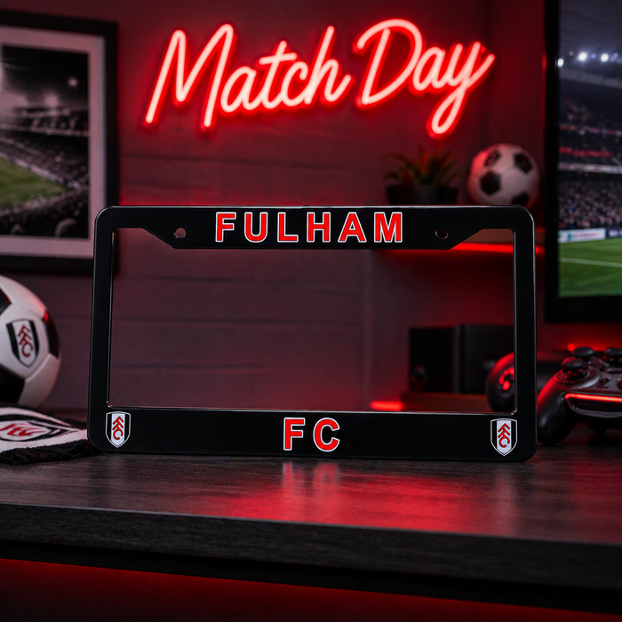 Fulham FC license plate frame with neon 'Match Day' sign in the background