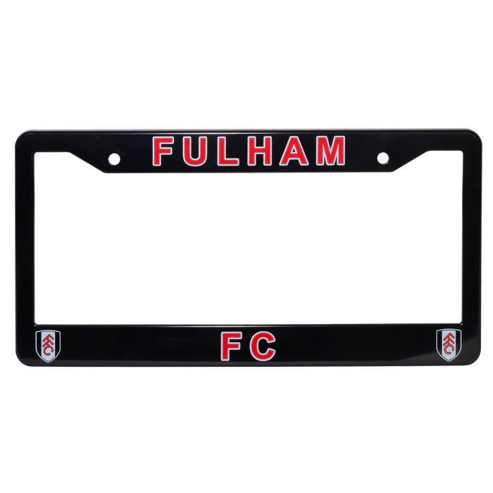 Black license plate frame with 'Fulham FC' text and logos on a white background