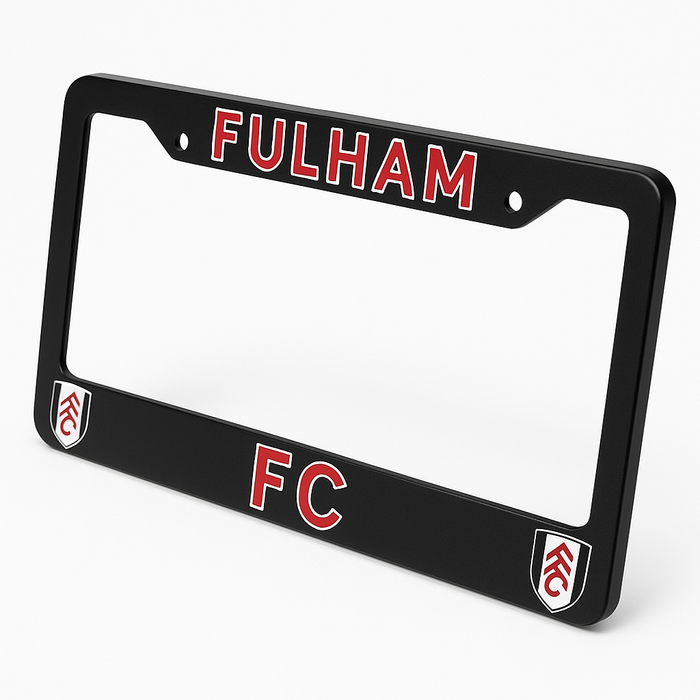 Black license plate frame with 'Fulham FC' text and logo on a white background