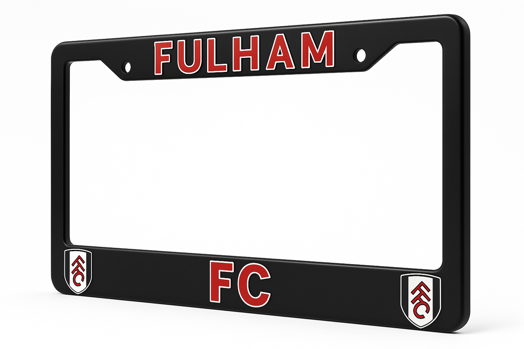 Black license plate frame with 'FULHAM FC' text and logo on a white background