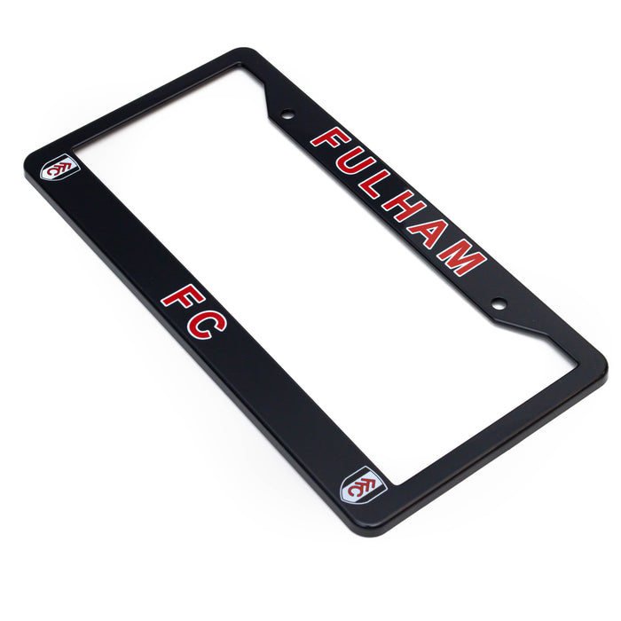 Black license plate frame with 'Fulham FC' text and logos on a white background