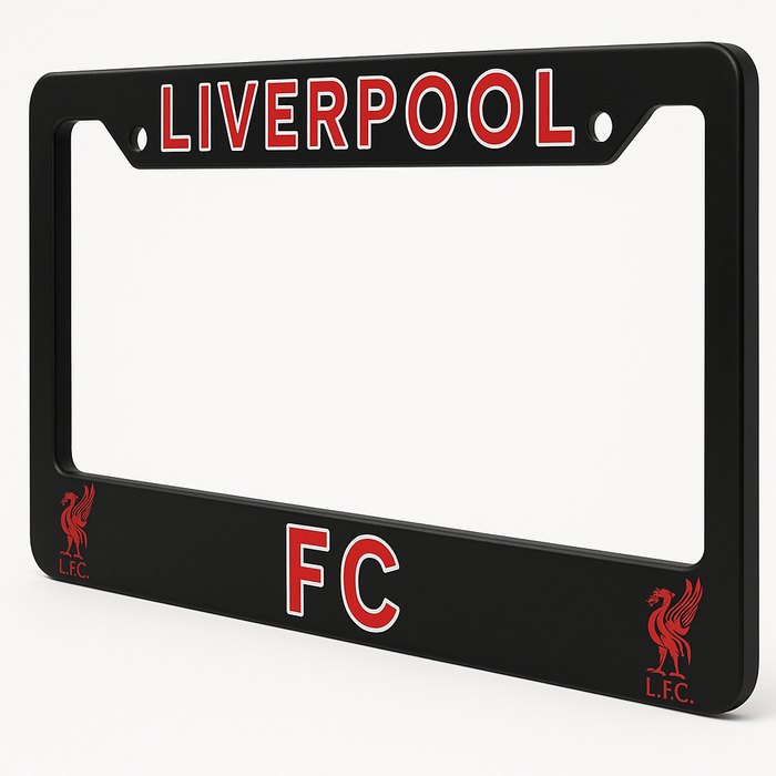Black license plate frame with 'Liverpool FC' text and logo on a white background