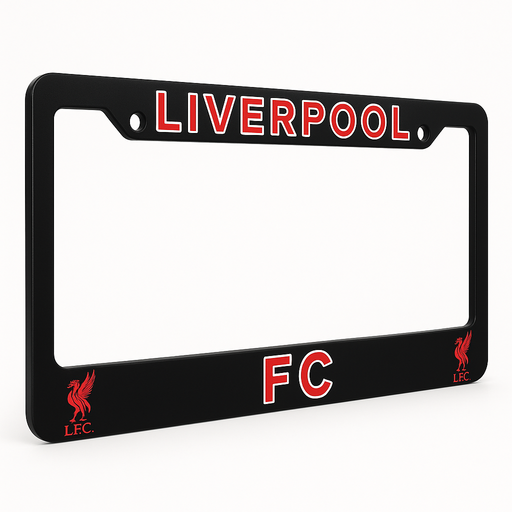 Black license plate frame with 'Liverpool FC' text and logo on a white background