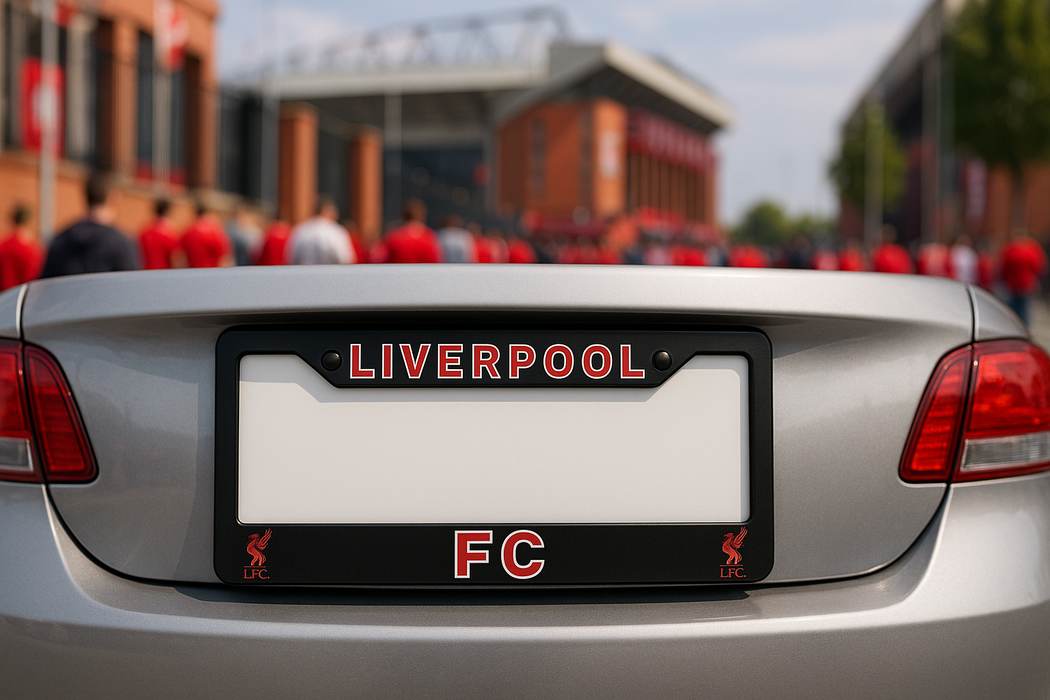 Car with a Liverpool FC license plate frame in front of a blurred stadium crowd.