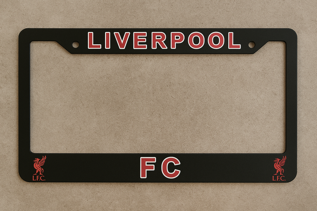 Black license plate frame with 'Liverpool FC' text and logos on a beige background
