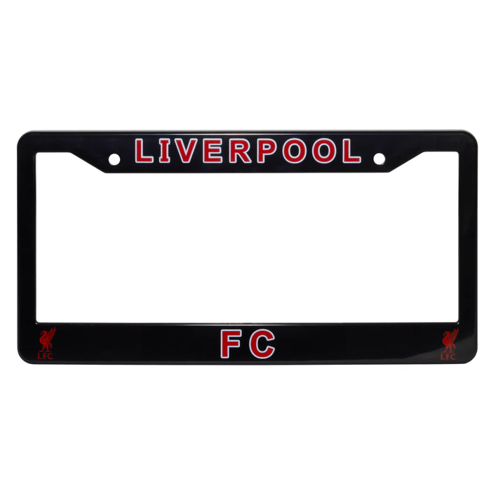 Black license plate frame with 'Liverpool FC' text on a white background