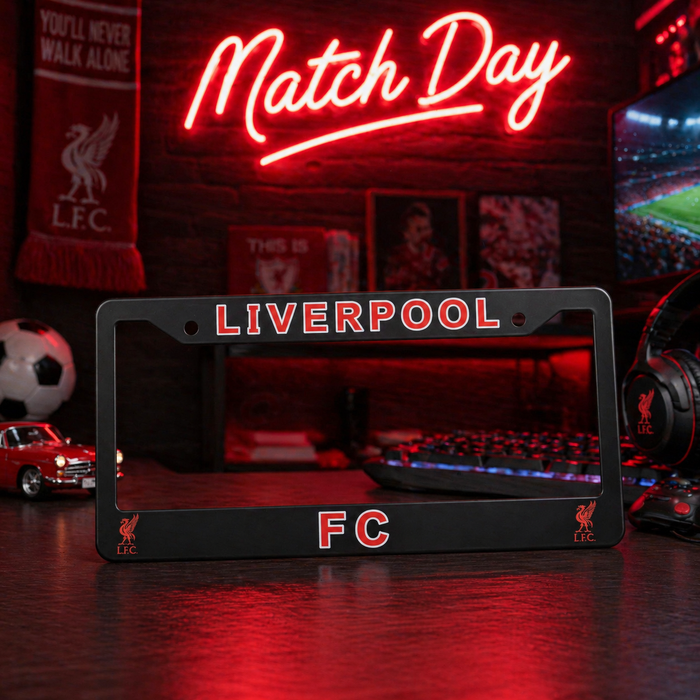 Liverpool FC license plate frame with neon sign in a sports-themed room