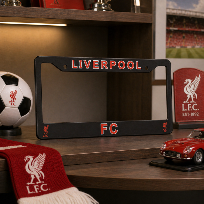 Black Liverpool FC license plate frame on a wooden surface with football memorabilia.