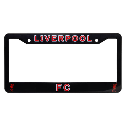 Black license plate frame with 'LIVERPOOL FC' text on a white background