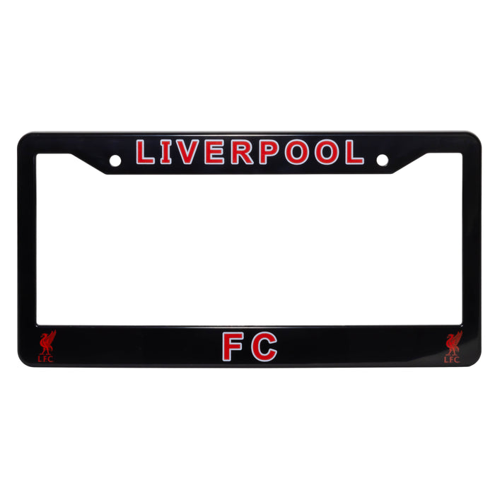 Black license plate frame with 'LIVERPOOL FC' text on a white background