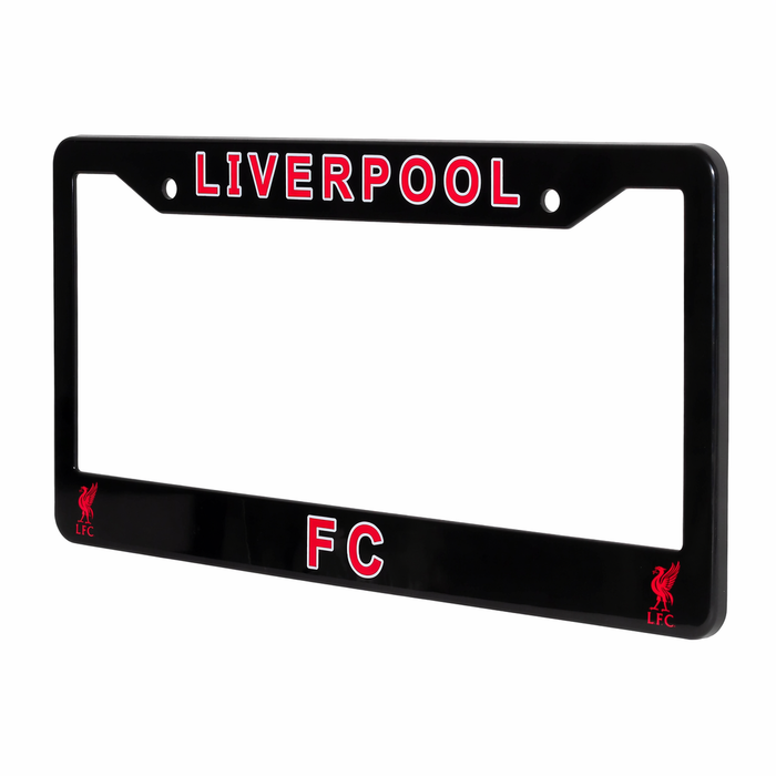 Black license plate frame with 'Liverpool FC' text and logo on a white background
