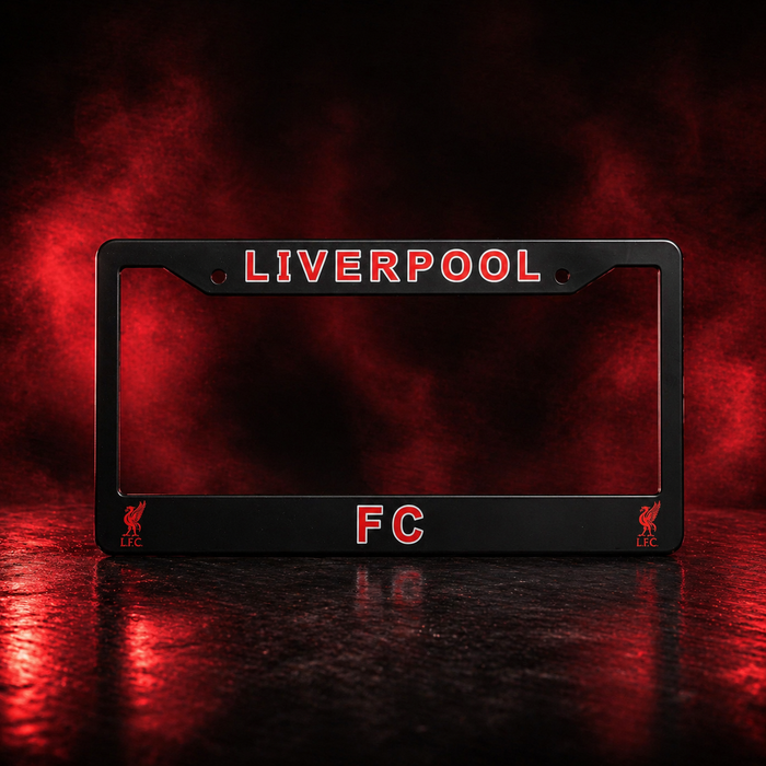 Black license plate frame with 'LIVERPOOL FC' text on a dark background