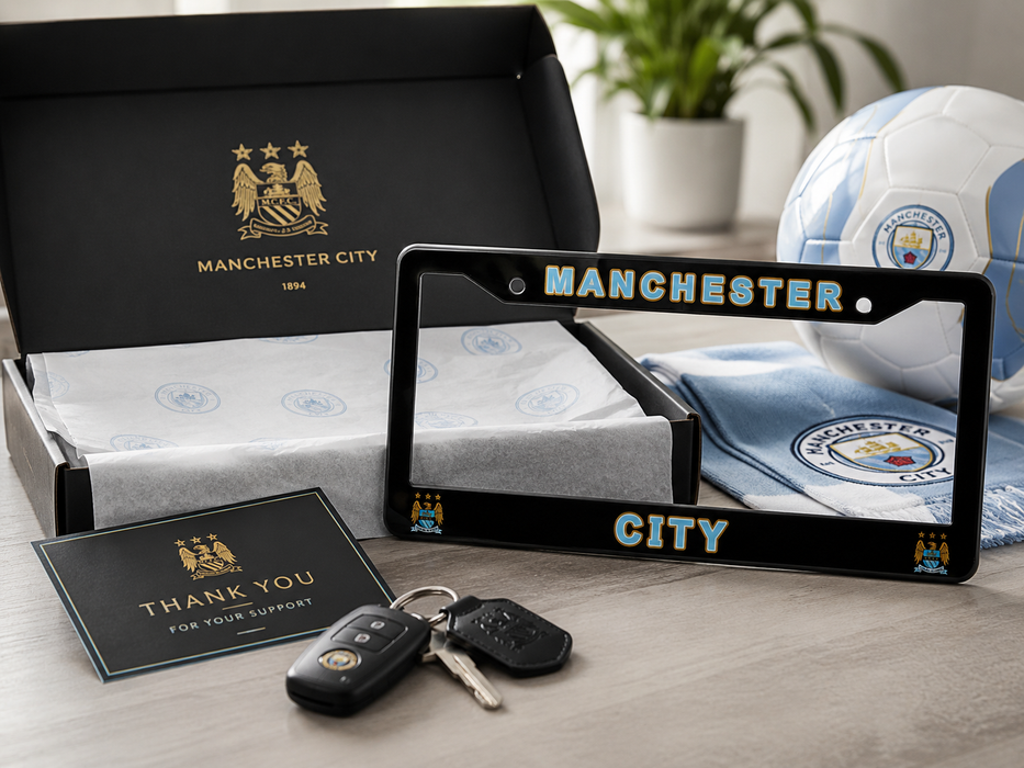 A Manchester City themed license plate frame displayed in front of its branded black gift box, alongside a thank you card, car keys, a soccer ball, and a Manchester City scarf on a light wood tabletop.