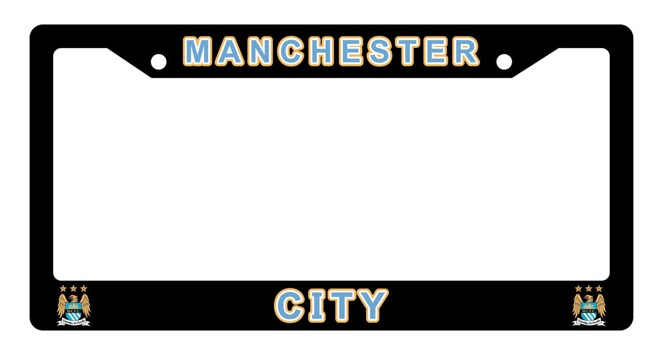 Black license plate frame with 'Manchester City' text and logo on a white background