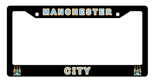 Black license plate frame with 'Manchester City' text and logo on a white background