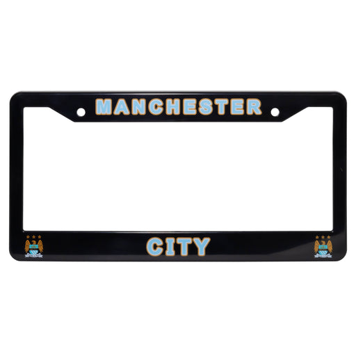 Black license plate frame with 'Manchester City' text on a white background