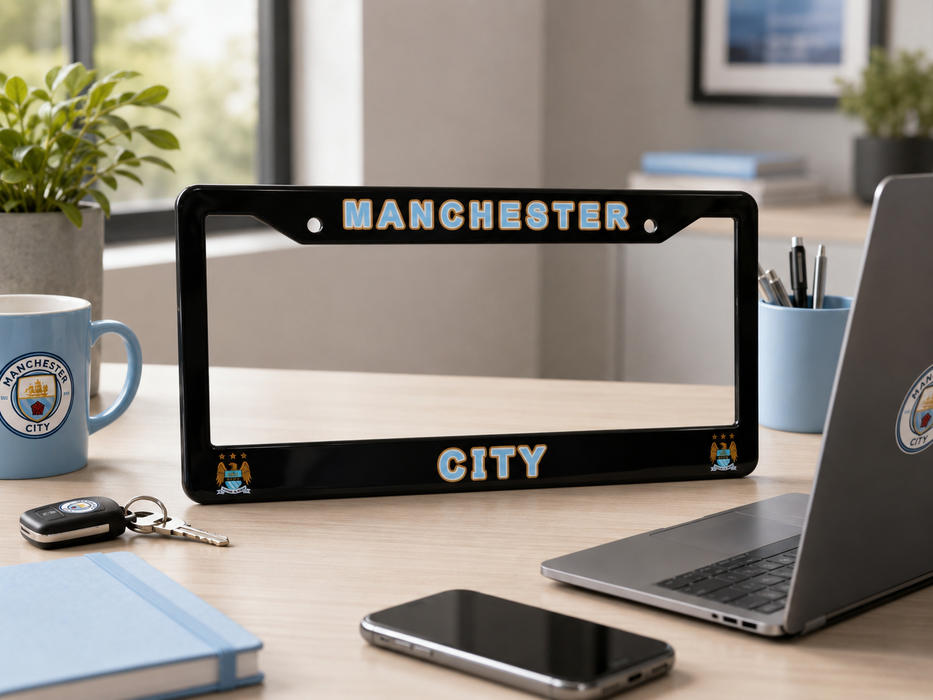A black license plate frame with Manchester City branding, displayed on a wooden desk with a laptop, phone, mug, and other office items in a bright room.