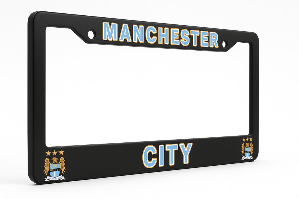 Black license plate frame with 'Manchester City' text and logo on a white background