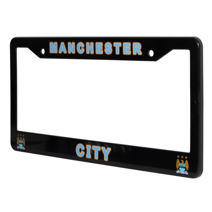 Black license plate frame with 'Manchester City' text and logo on a white background