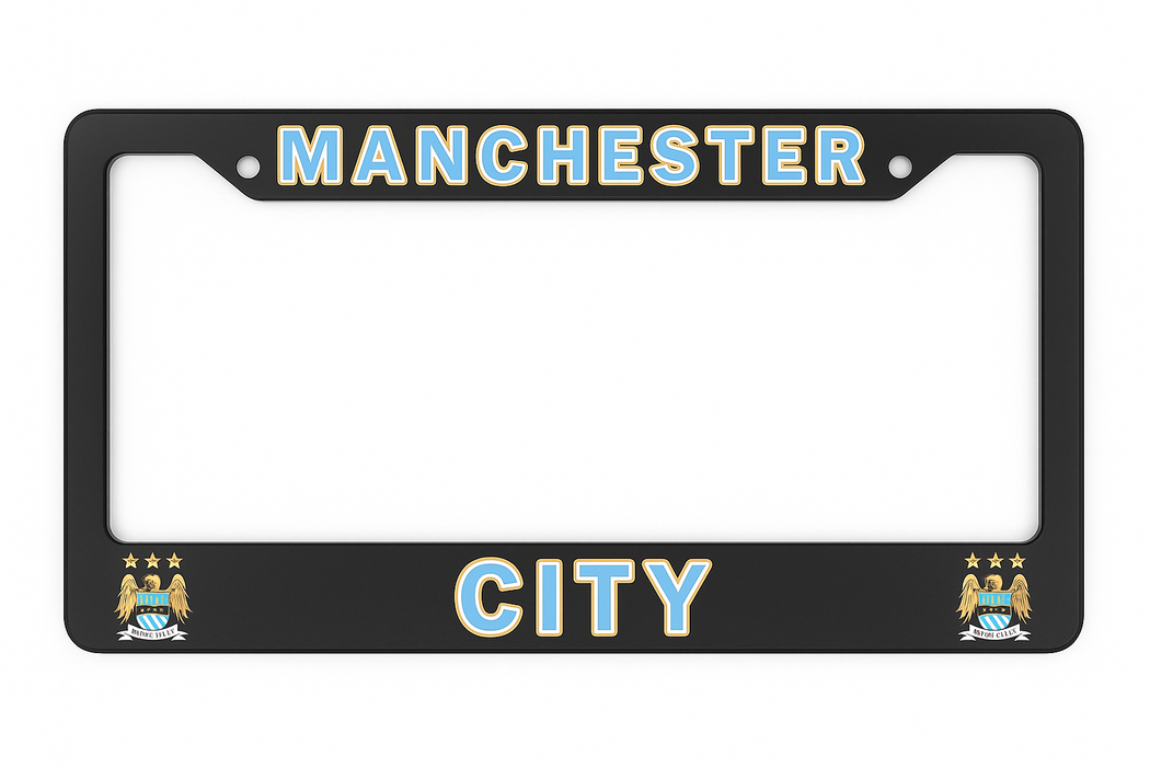Black license plate frame with 'Manchester City' text and logos on a white background