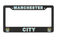 Black license plate frame with 'Manchester City' text and logos on a white background