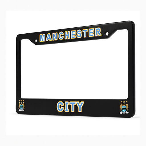 Black license plate frame with 'Manchester City' text and logo on a white background