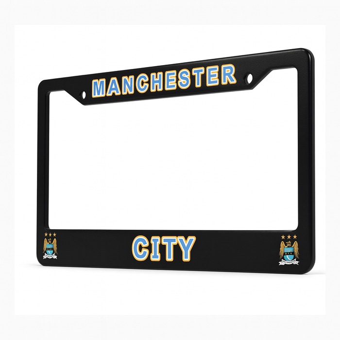 Black license plate frame with 'Manchester City' text and logo on a white background