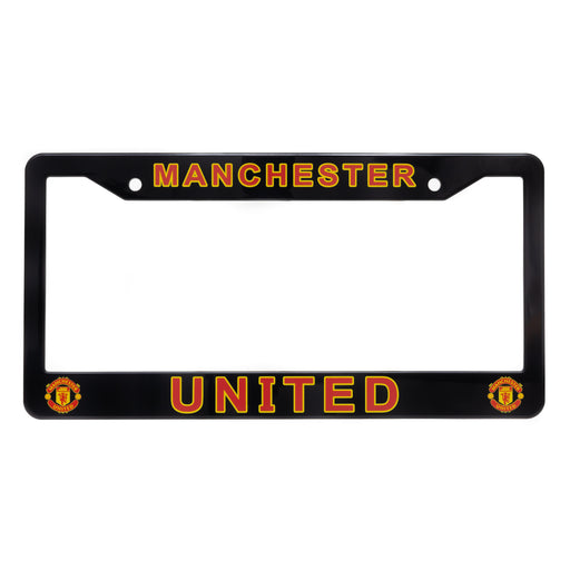 Manchester United license plate frame with red and yellow text on a black background