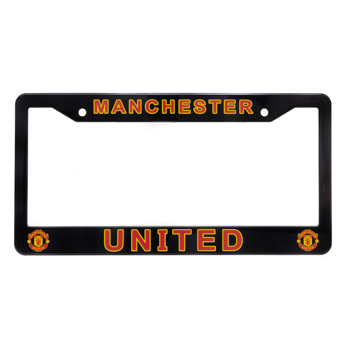 Manchester United license plate frame with red and yellow text on a black background