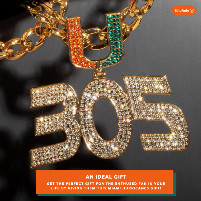A close-up of a gold-tone chain necklace with a large '305' pendant covered in clear rhinestones, plus a matching 'U' charm split into orange and green sections. The necklace is shown against a dark background with promotional text at the bottom and an EliteAuto logo in the top right.