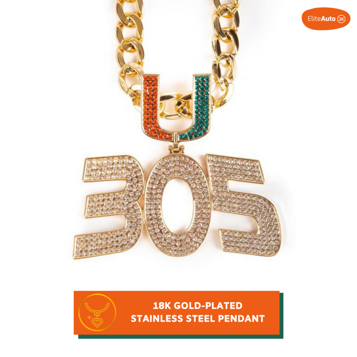 Gold-plated 305 pendant necklace with a U charm, embellished with rhinestones in gold, silver, and green, shown on a white background with an orange text banner at the bottom.