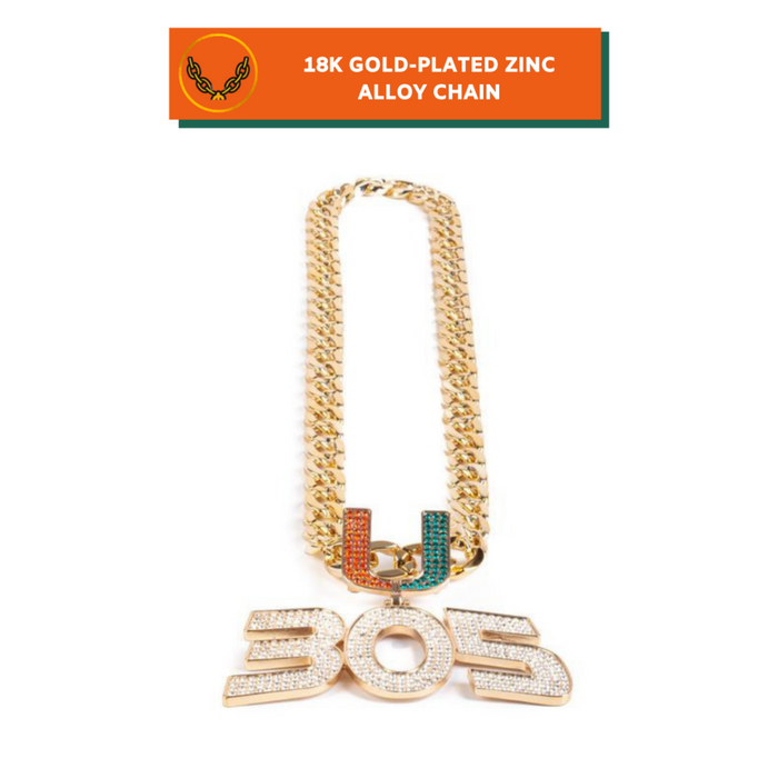 A gold-toned chain necklace with a large '305' pendant and a small 'HU' charm, both embellished with clear rhinestones, shown on a white background with an orange label at the top reading '18K GOLD-PLATED ZINC ALLOY CHAIN'.