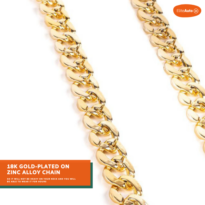A close-up of a gold-toned curb chain necklace on a white background, with an orange text banner at the bottom left reading '18K GOLD-PLATED ON ZINC ALLOY CHAIN' and an 'EliteAuto' logo in the top right corner.