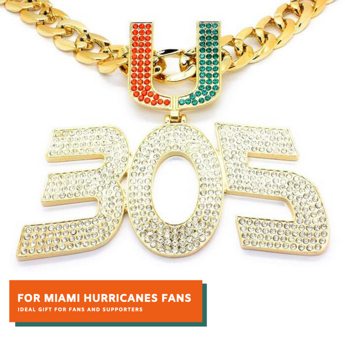 Gold-tone 305 pendant necklace with a matching chain, featuring rhinestone-covered letters on a white background. An orange banner at the bottom reads 'FOR MIAMI HURRICANES FANS'.