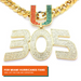 Gold-tone 305 pendant necklace with a matching chain, featuring rhinestone-covered letters on a white background. An orange banner at the bottom reads 'FOR MIAMI HURRICANES FANS'.