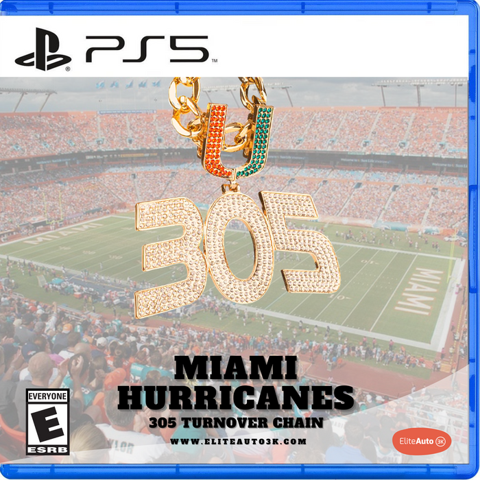 PS5 game cover art for 'Miami Hurricanes 305 Turnover Chain' by Elite Auto 3K, featuring a gold chain with a large '305' pendant encrusted with rhinestones, set against a background of a Miami football stadium.