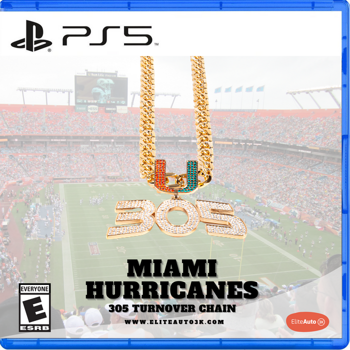 PS5 game case artwork for 'Miami Hurricanes 305 Turnover Chain' by Elite Auto 3K, featuring a gold chain necklace with a Miami Hurricanes 'U' pendant and '305' lettering over a football stadium background.