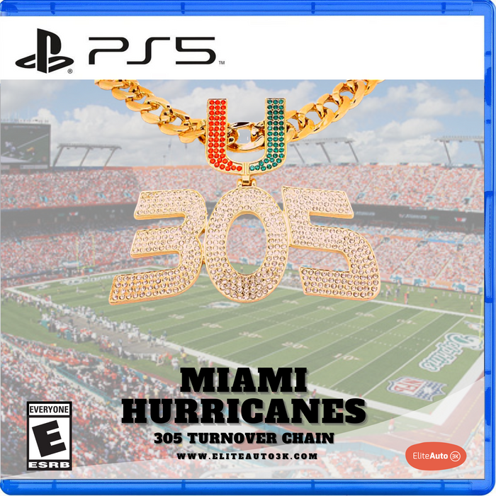 PS5 game case cover for 'Miami Hurricanes 305 Turnover Chain' by Elite Auto 3K, featuring a gold chain necklace with a large '305' pendant encrusted with rhinestones, set against a blurred Miami Hurricanes football stadium background. The PS5 logo is visible in the top left corner.