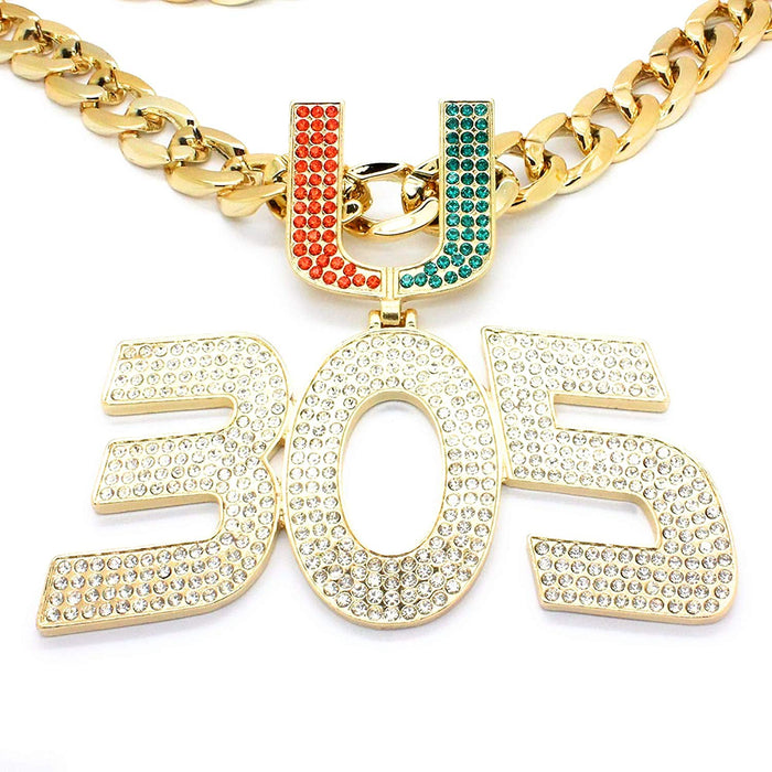 Gold chain necklace with a large '305' pendant and a 'UJ' charm embellished with red and green rhinestones, set against a plain white background.