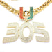 Gold chain necklace with a large '305' pendant and a 'UJ' charm embellished with red and green rhinestones, set against a plain white background.