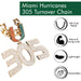 Miami Hurricanes 305 Turnover chain necklace featuring a gold-plated 305 pendant covered in clear rhinestones, with a matching chain showing orange, teal, and gold sections. The image includes a green header reading 'Miami Hurricanes 305 Turnover Chain' and four feature icons on the right for 18K Gold Plated, Robust & Strong Links, Lightweight, and Handcrafted.