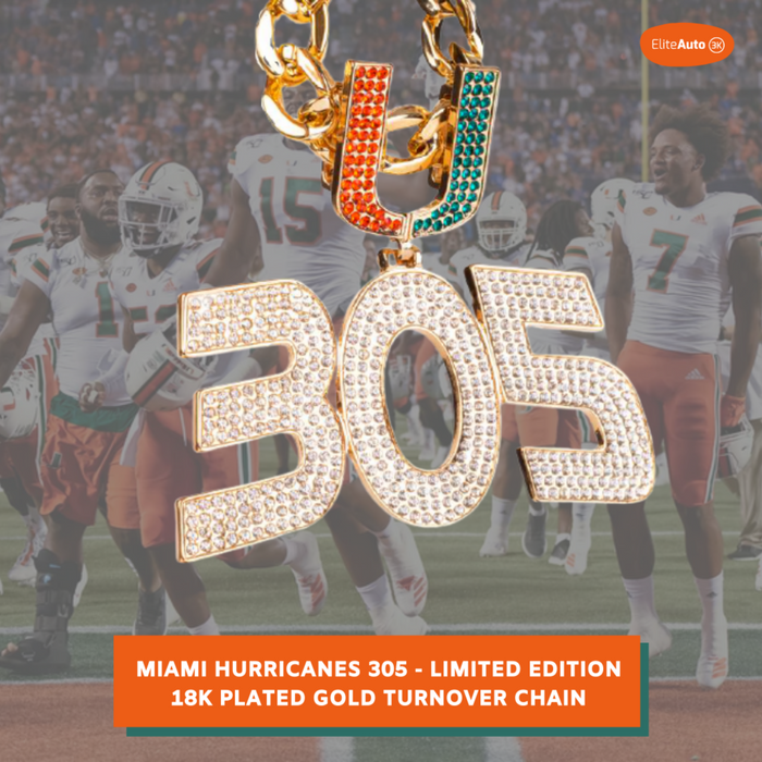 A gold-tone Miami Hurricanes 305 turnover chain pendant with rhinestone-embellished '305' numerals and a 'UH' logo at the top, shown over a blurred football game background. Text at the bottom reads 'MIAMI HURRICANES 305 - LIMITED EDITION 18K PLATED GOLD TURNOVER CHAIN.
