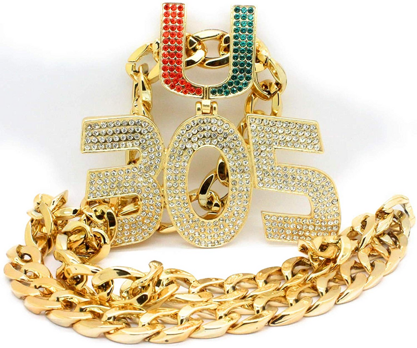 Gold-tone Cuban link chain necklace with a large 'U305' pendant encrusted with clear rhinestones, featuring a red and green 'U' and a gold '305'.