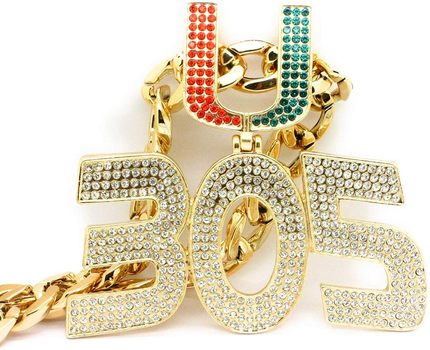 Gold-tone chain necklace with a large '305' numerals pendant and a 'U' charm embellished with red and green rhinestones, set against a plain white background.