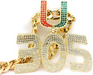 Gold-tone chain necklace with a large '305' numerals pendant and a 'U' charm embellished with red and green rhinestones, set against a plain white background.