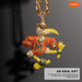 A detailed Miami Hurricanes mascot pendant necklace on a gold chain, featuring a bird character in an orange jersey with green and yellow accents, covered in rhinestones. The background is dark gray with a soft shadow, and a promotional text box is in the bottom right corner.