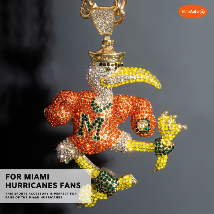 A Miami Hurricanes-themed bird mascot keychain or pendant covered in rhinestones, shown against a dark gray gradient background. The bird wears an orange jersey with green and white details, yellow beak and legs, and holds a gold trophy.