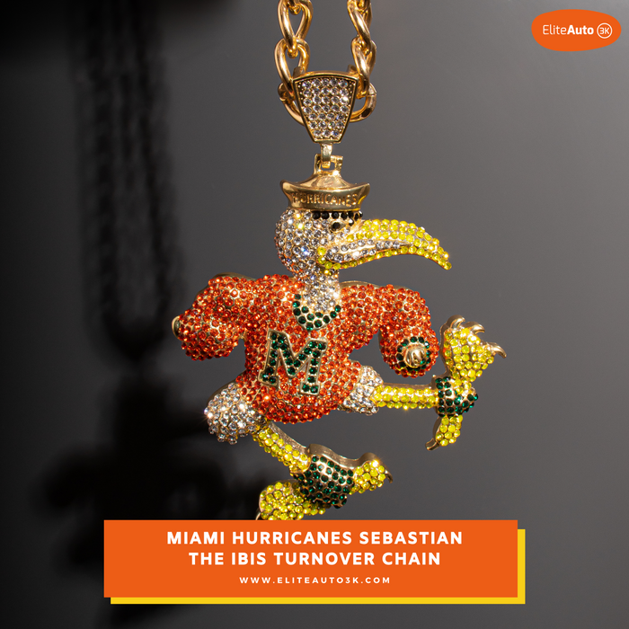 A detailed Miami Hurricanes Sebastian the Ibis pendant necklace, heavily embellished with rhinestones in orange, yellow, green, and silver, hanging from a gold-tone chain. An orange banner at the bottom features the text 'MIAMI HURRICANES SEBASTIAN THE IBIS TURNOVER CHAIN' and the EliteAuto brand logo.